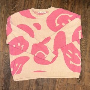 Altar'd State Pink and Cream Smiley Crewneck Sweater